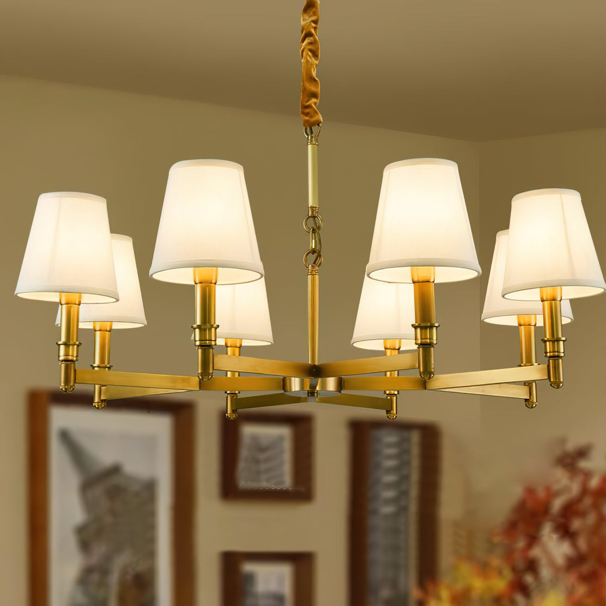 Estense Chandelier – Baroque Brass & Fabric Shade Statement Ceiling Light