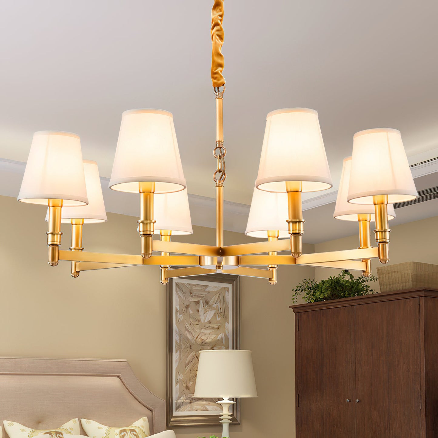 Estense Chandelier – Baroque Brass & Fabric Shade Statement Ceiling Light