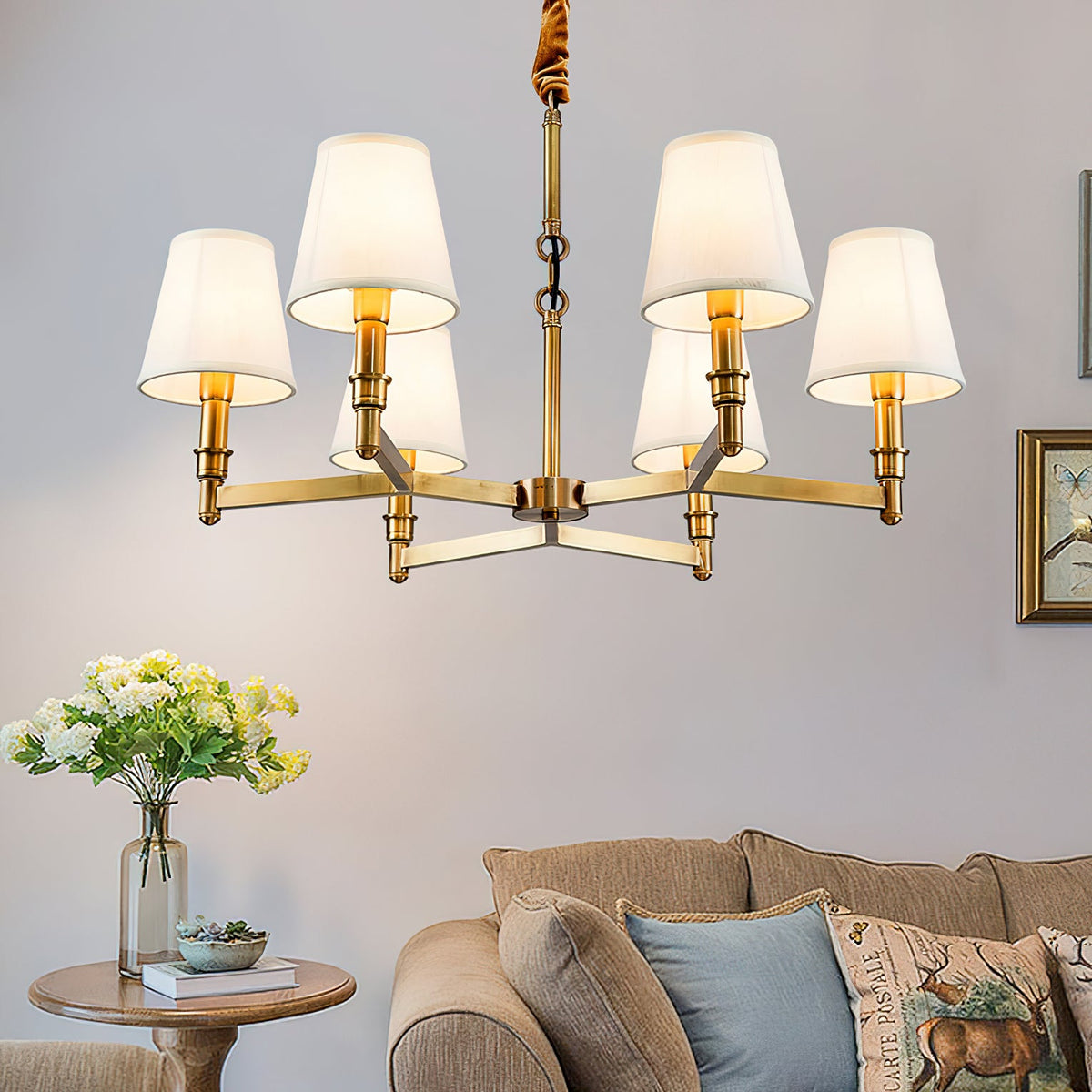 Estense Chandelier – Baroque Brass & Fabric Shade Statement Ceiling Light