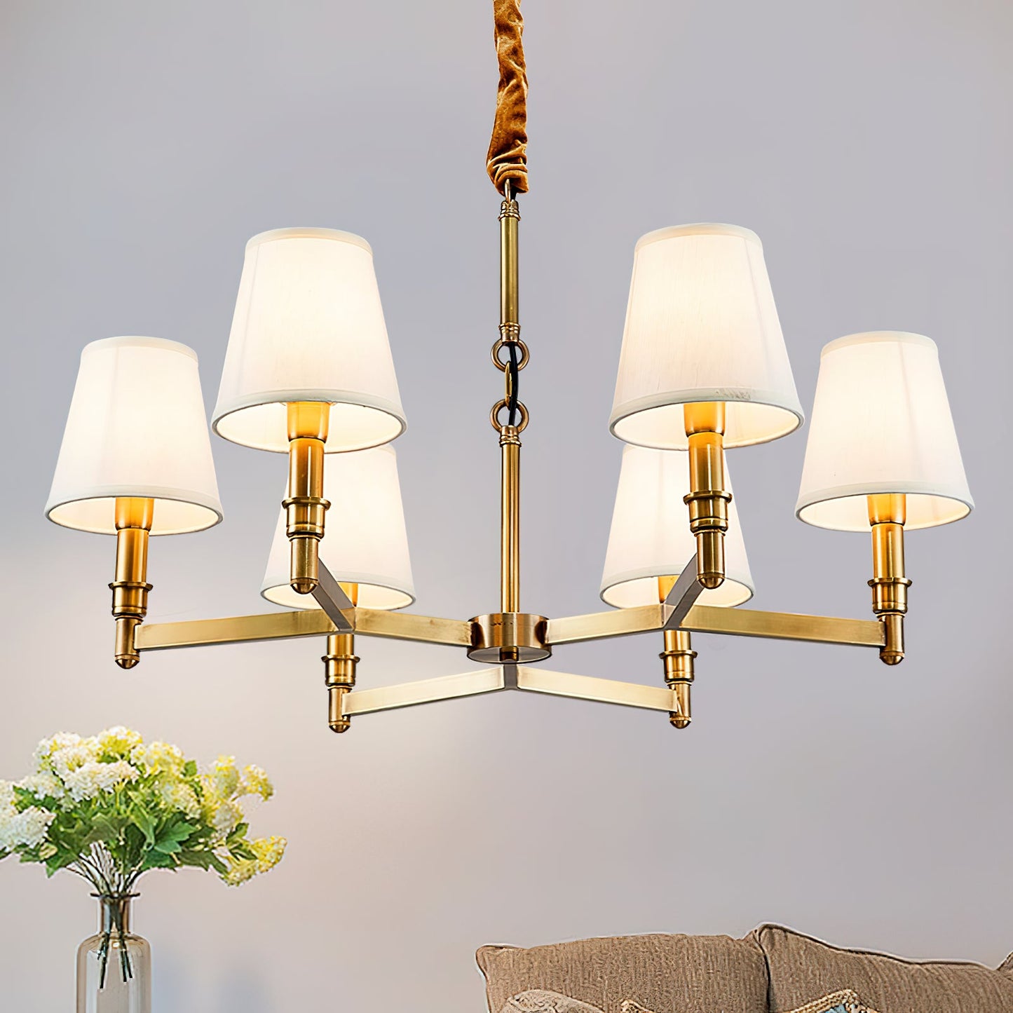 Estense Chandelier – Baroque Brass & Fabric Shade Statement Ceiling Light