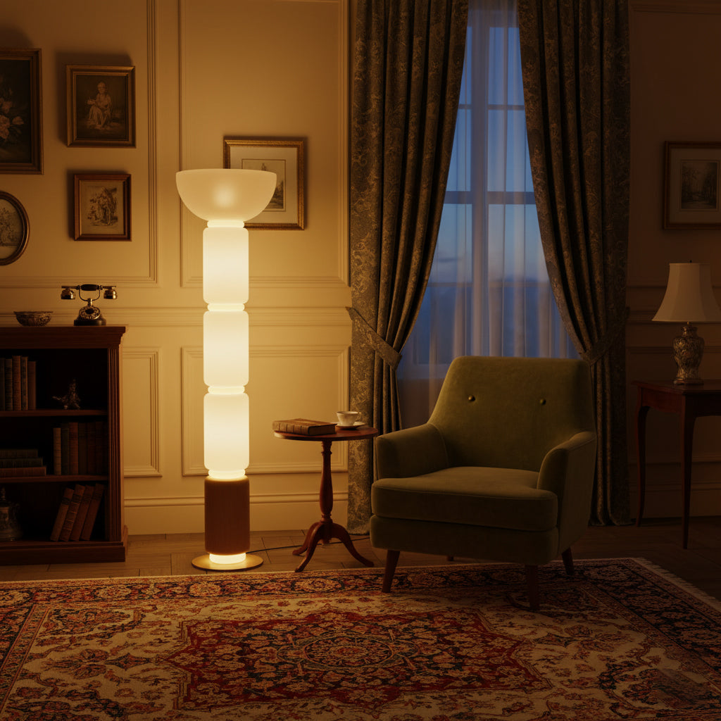 Ficupala Floor Lamp – Postmodern Art Deco Wood Grain Glass Standing Light