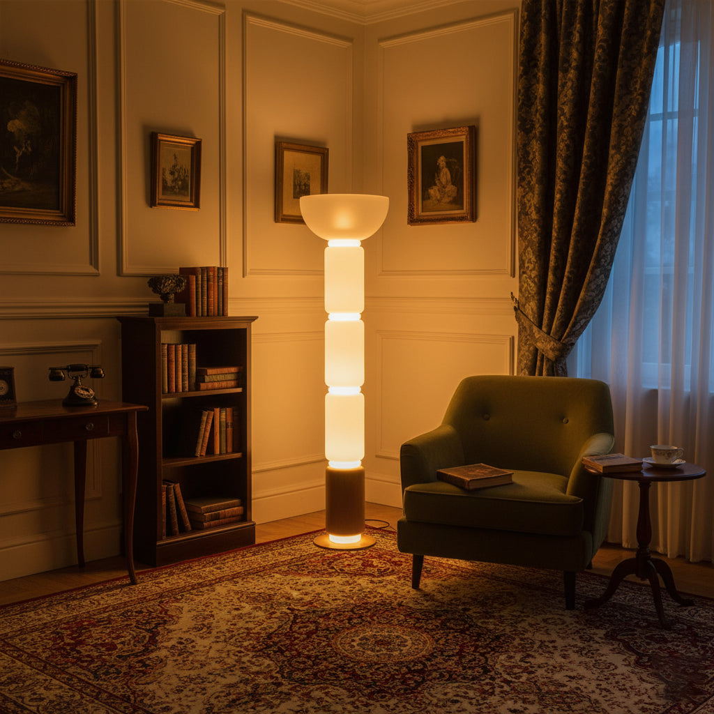 Ficupala Floor Lamp – Postmodern Art Deco Wood Grain Glass Standing Light