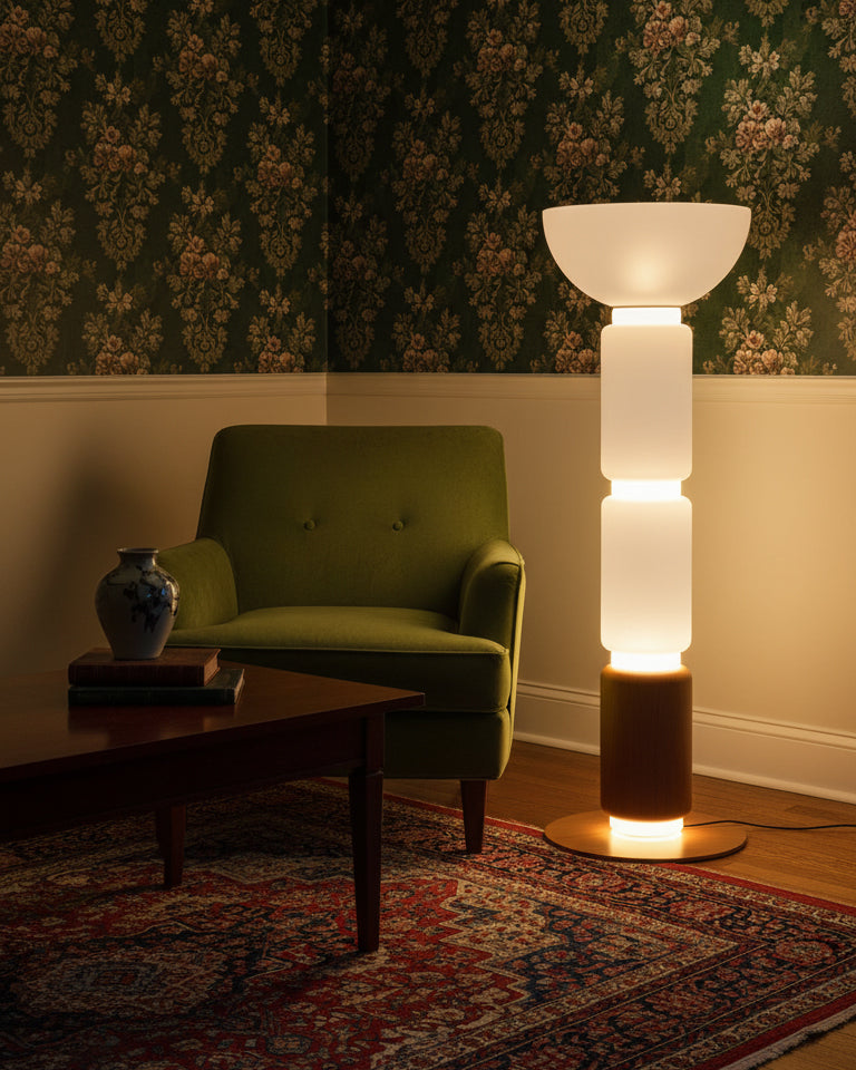 Ficupala Floor Lamp – Postmodern Art Deco Wood Grain Glass Standing Light