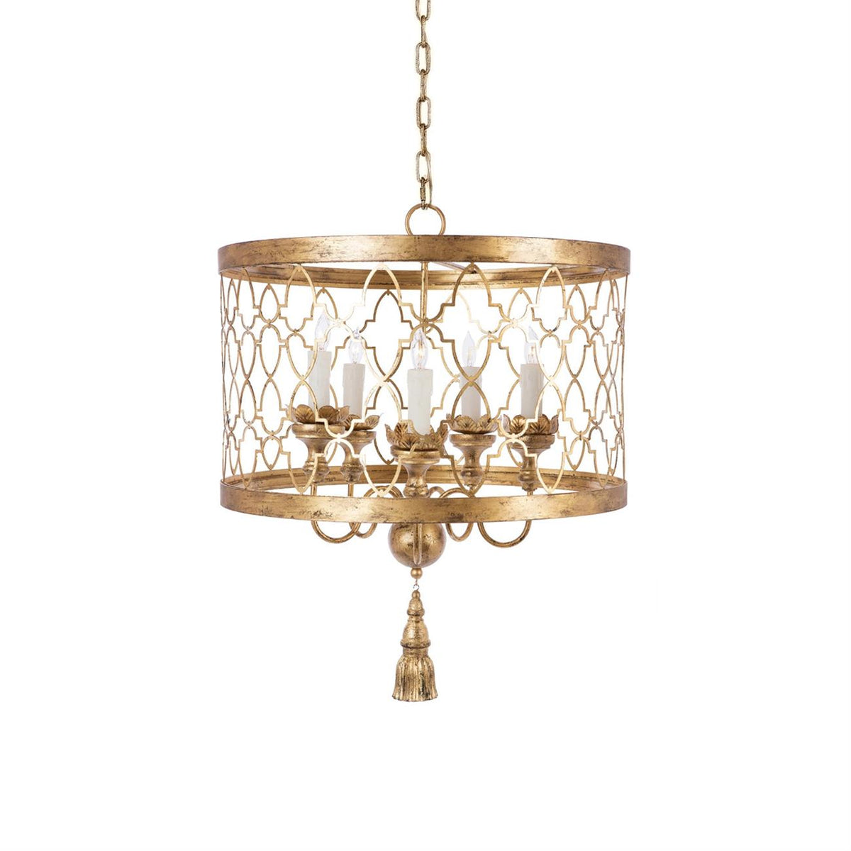 Fiesole Drum Chandelier – Antique Gold Quatrefoil Metal Pendant Light