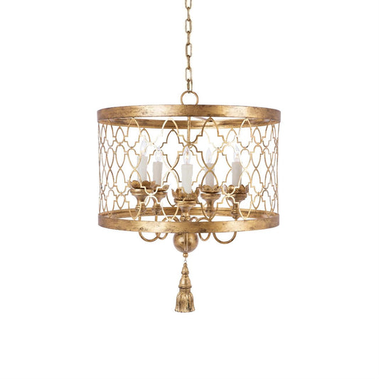 Fiesole Drum Chandelier – Antique Gold Quatrefoil Metal Pendant Light