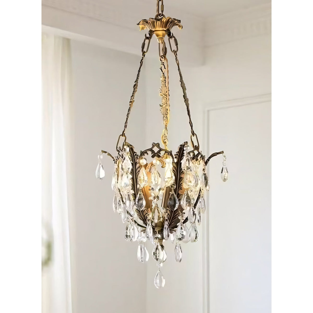 Filegray Crystal Chandelier – Antique Brass & Crystal Statement Ceiling Light