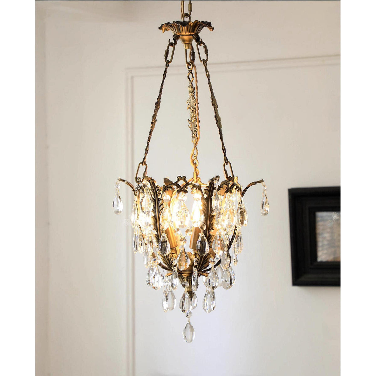 Filegray Crystal Chandelier – Antique Brass & Crystal Statement Ceiling Light