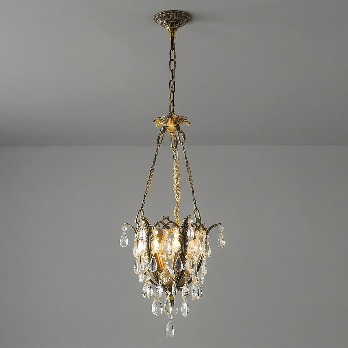 Filegray Crystal Chandelier – Antique Brass & Crystal Statement Ceiling Light