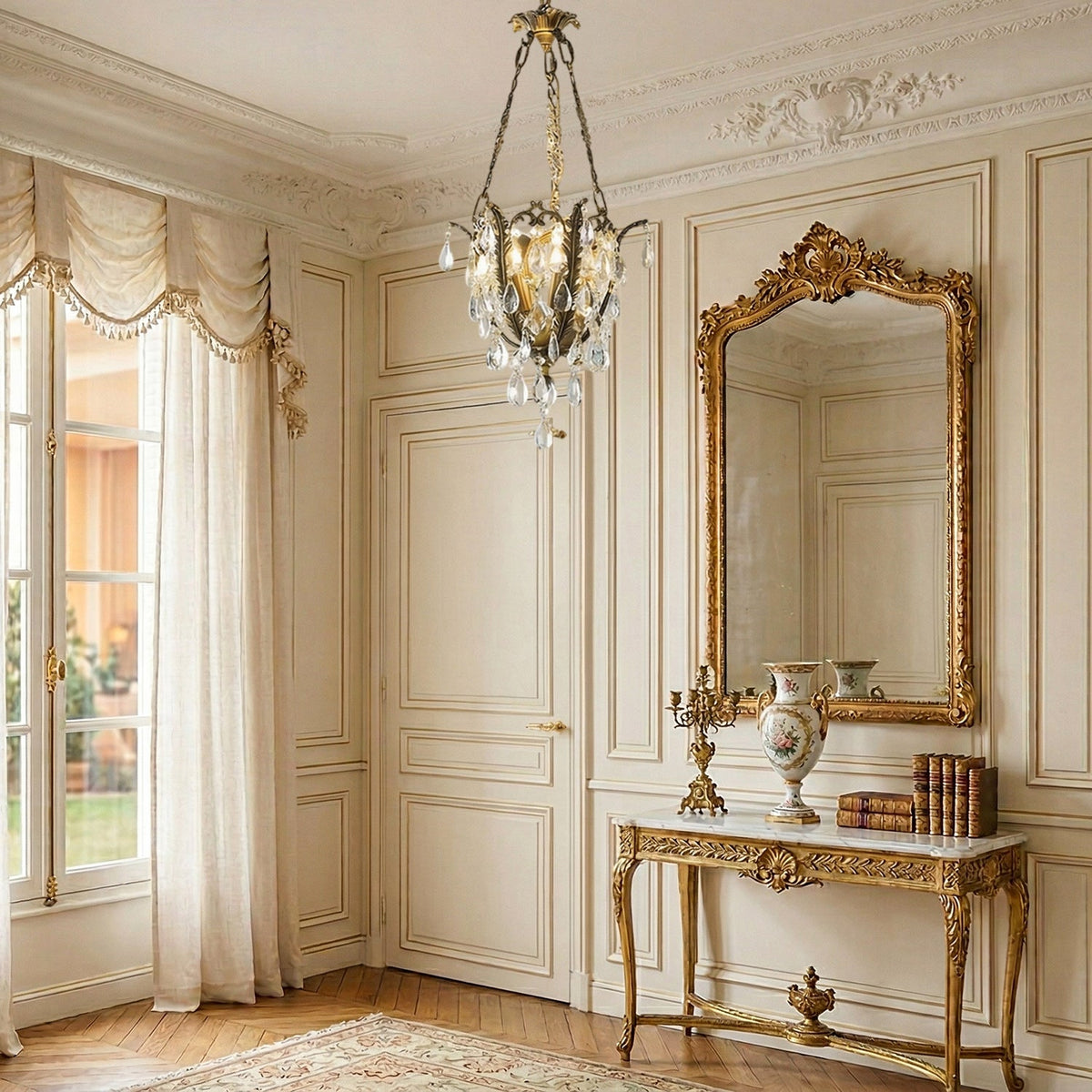 Filegray Crystal Chandelier – Antique Brass & Crystal Statement Ceiling Light