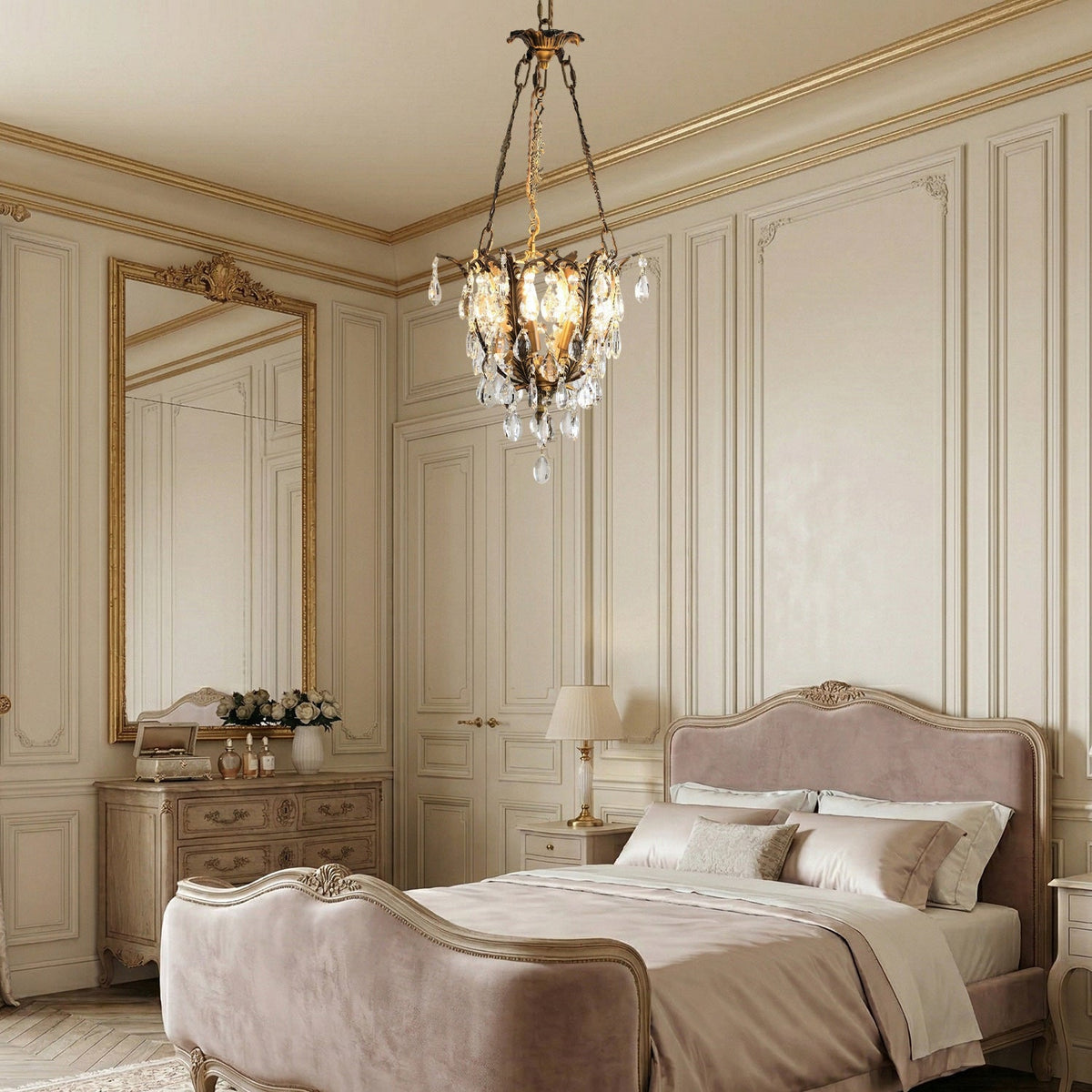Filegray Crystal Chandelier – Antique Brass & Crystal Statement Ceiling Light