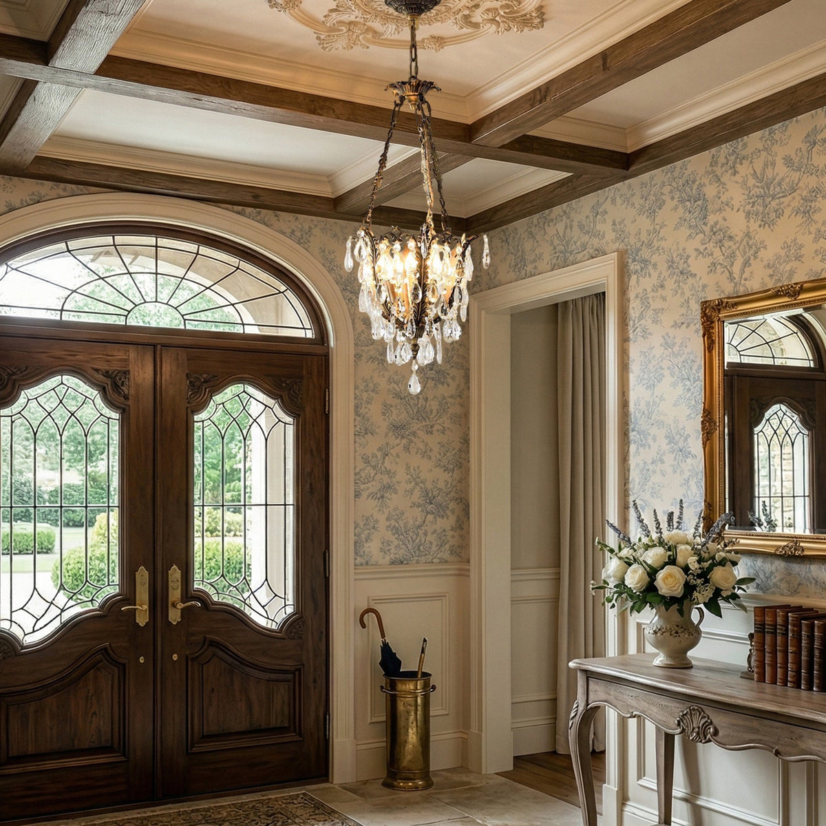 Filegray Crystal Chandelier – Antique Brass & Crystal Statement Ceiling Light