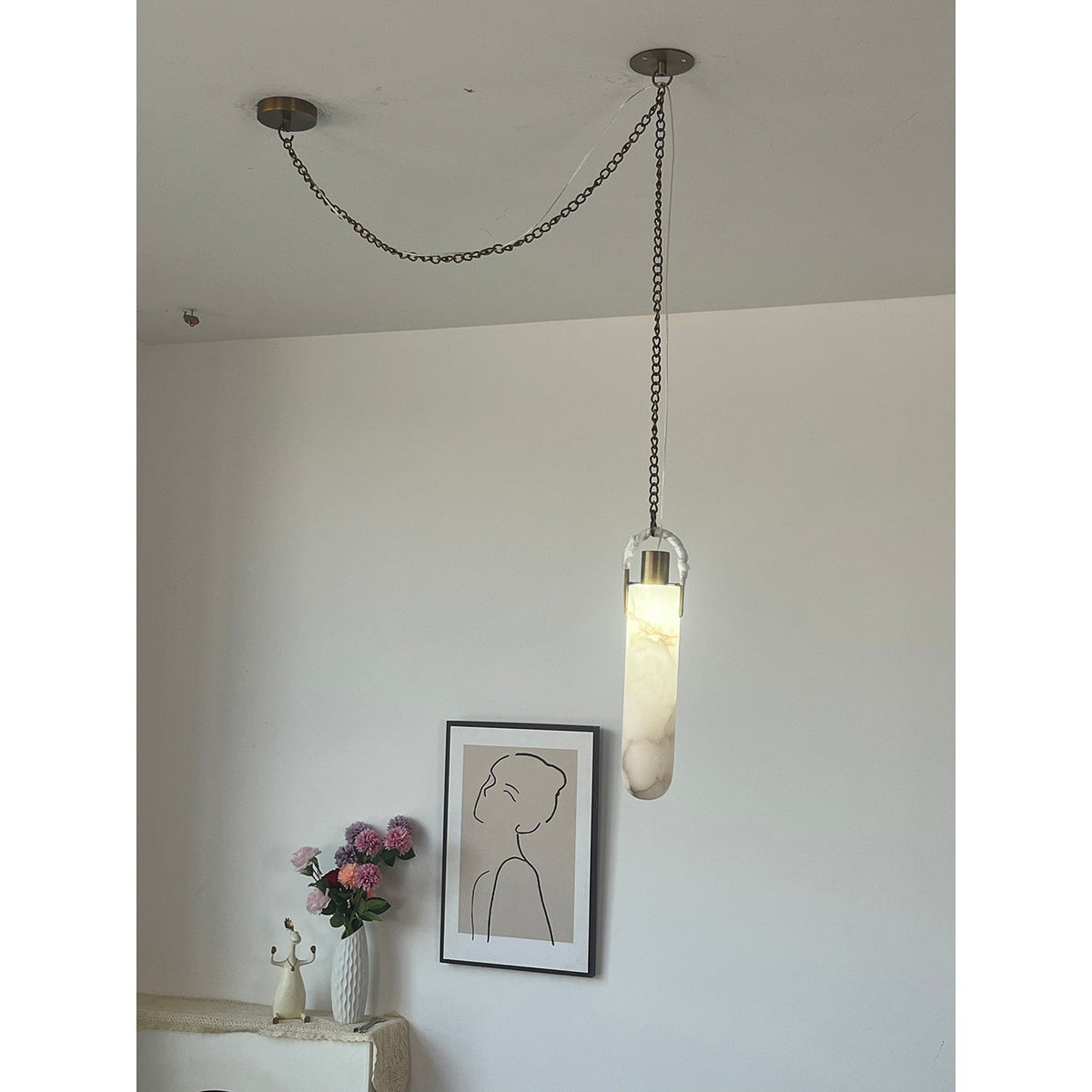 Flint Alabaster Pendant Lamp - Natural Spanish Alabaster & Fine Jewelry Chain LED Pendant