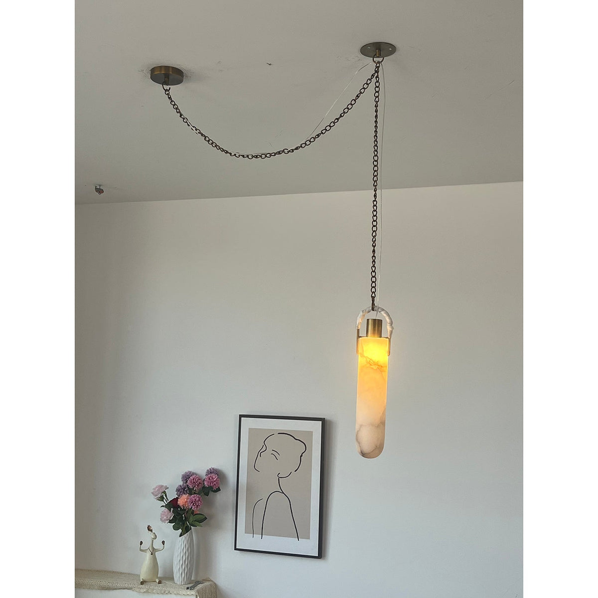 Flint Alabaster Pendant Lamp - Natural Spanish Alabaster & Fine Jewelry Chain LED Pendant