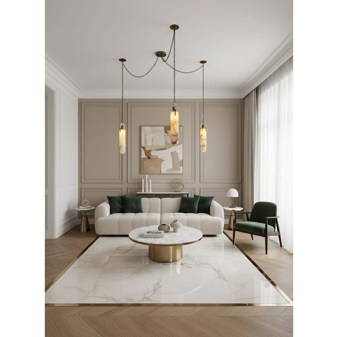 Flint Alabaster Pendant Lamp - Natural Spanish Alabaster & Fine Jewelry Chain LED Pendant
