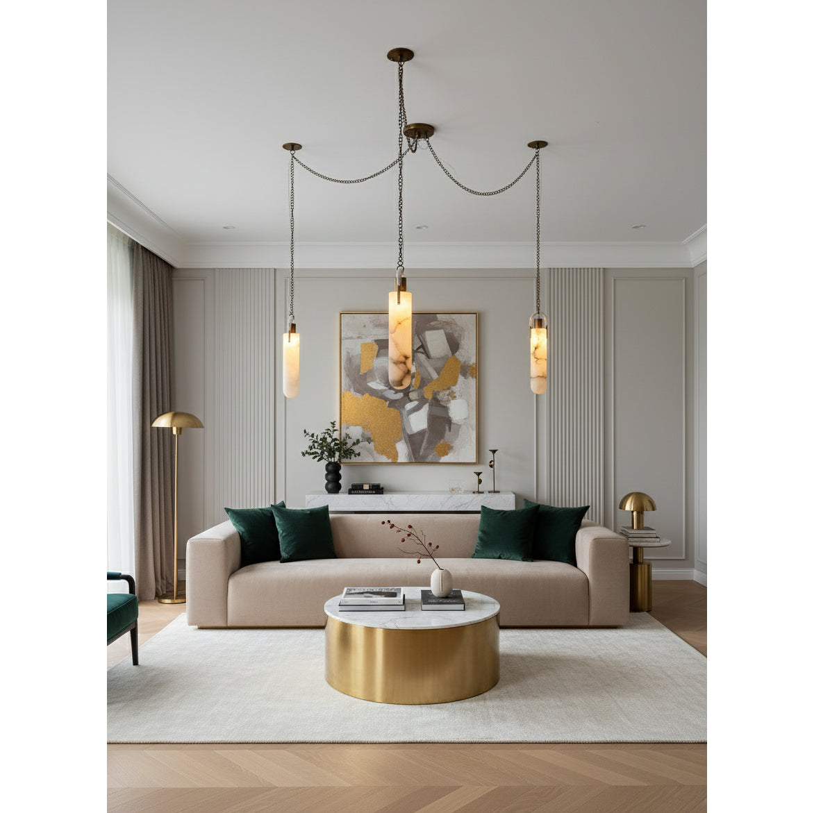 Flint Alabaster Pendant Lamp - Natural Spanish Alabaster & Fine Jewelry Chain LED Pendant