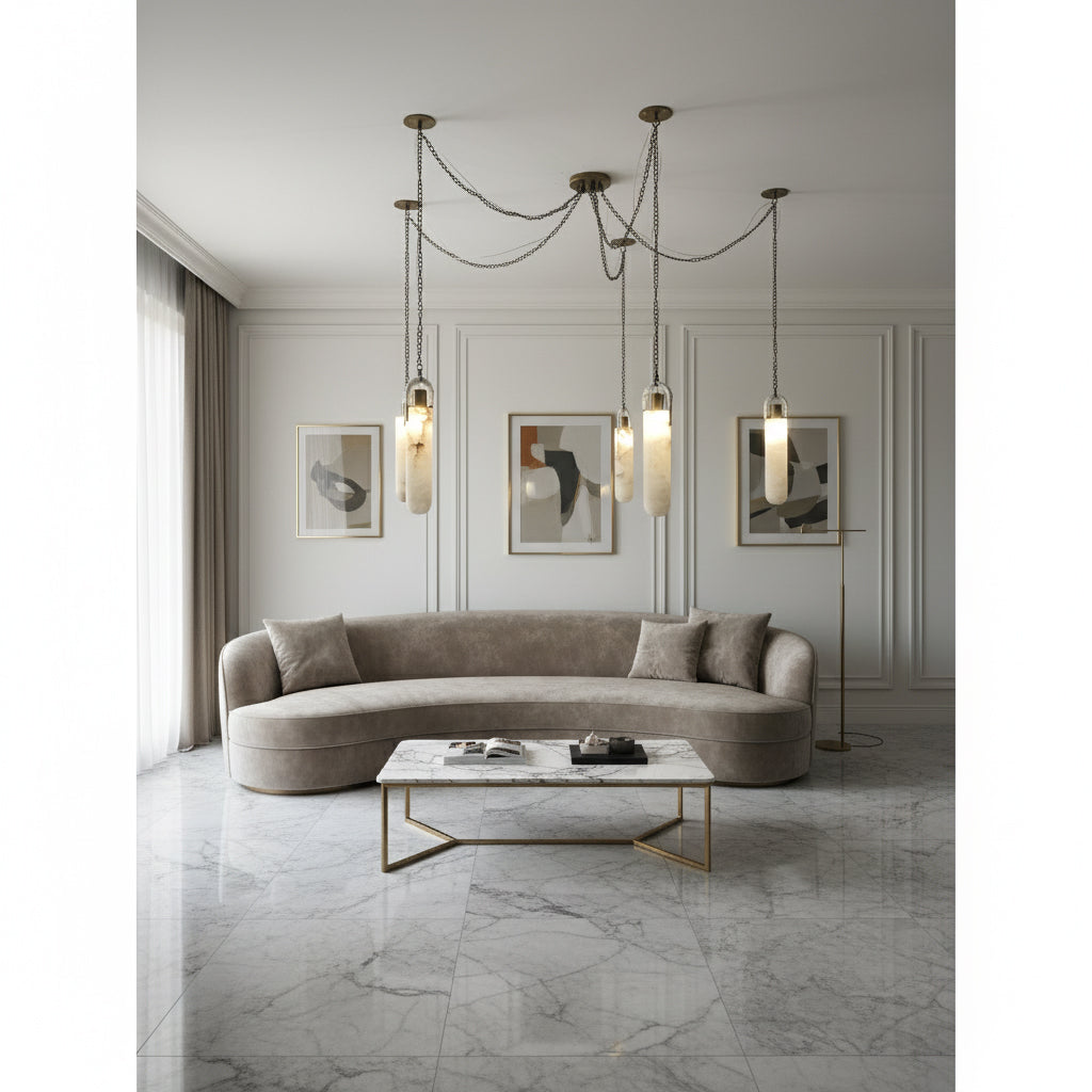 Flint Alabaster Pendant Lamp - Natural Spanish Alabaster & Fine Jewelry Chain LED Pendant