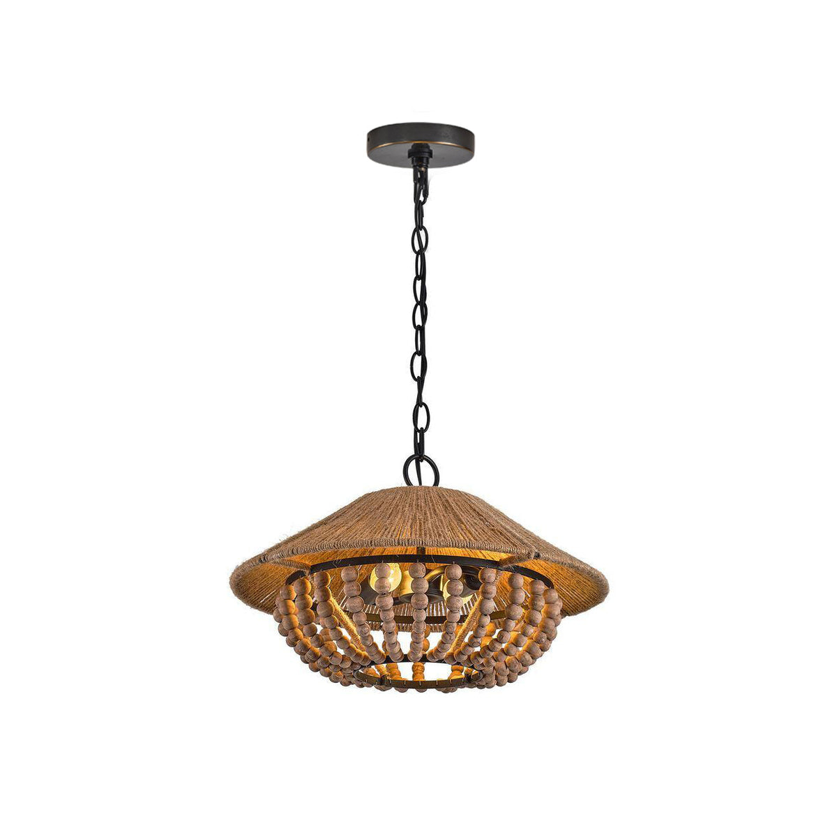 Flint Farmhouse Pendant Lamp - Wooden Beaded & Hemp Rope Bowl Pendant
