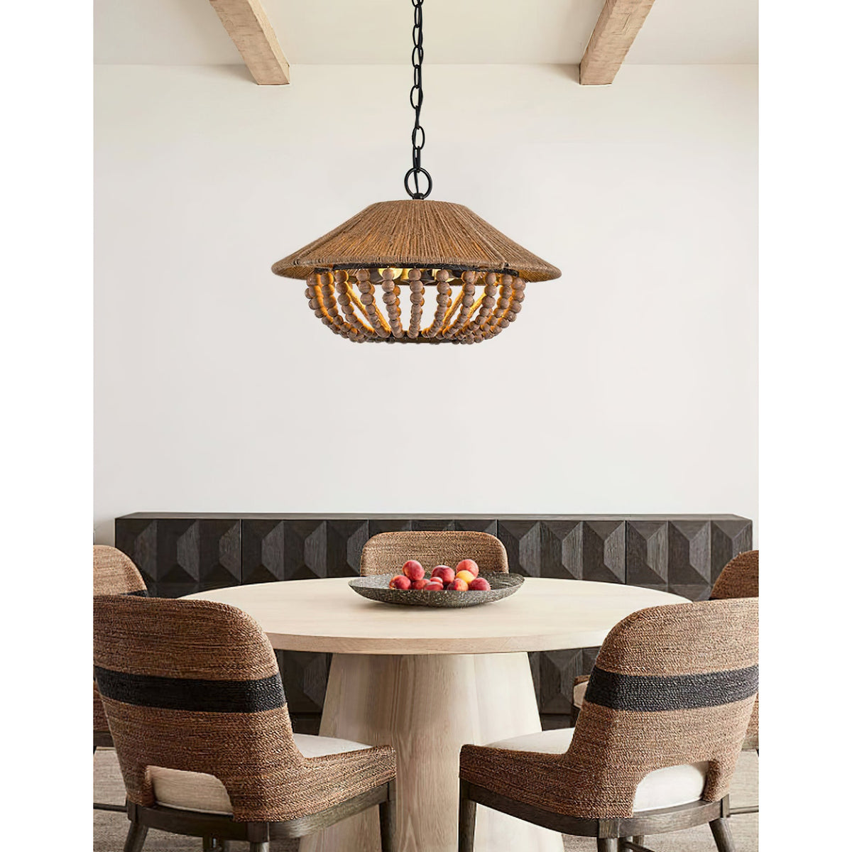 Flint Farmhouse Pendant Lamp - Wooden Beaded & Hemp Rope Bowl Pendant