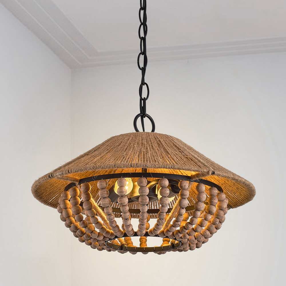 Flint Farmhouse Pendant Lamp - Wooden Beaded & Hemp Rope Bowl Pendant