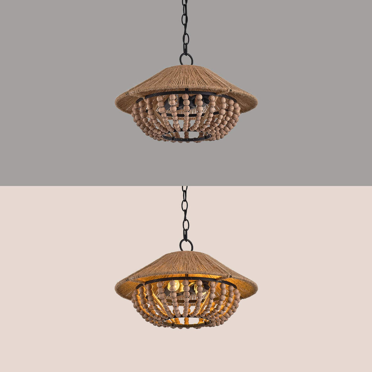 Flint Farmhouse Pendant Lamp - Wooden Beaded & Hemp Rope Bowl Pendant