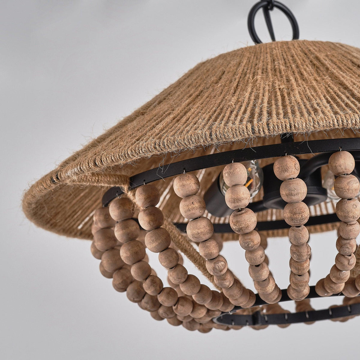 Flint Farmhouse Pendant Lamp - Wooden Beaded & Hemp Rope Bowl Pendant