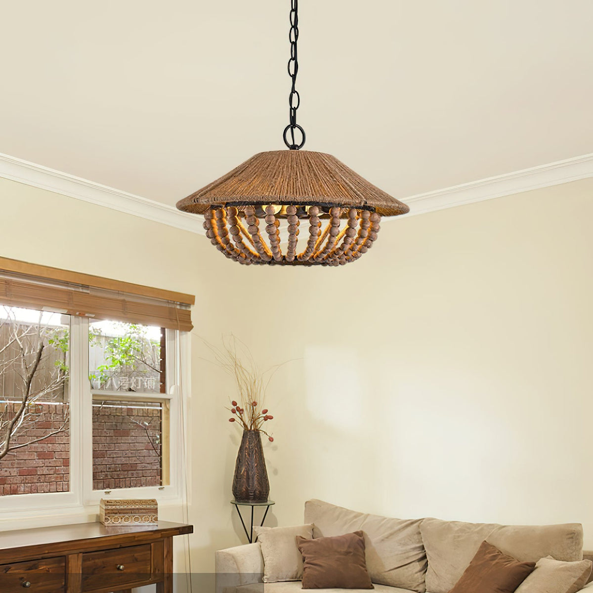 Flint Farmhouse Pendant Lamp - Wooden Beaded & Hemp Rope Bowl Pendant