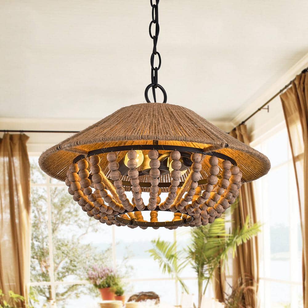Flint Farmhouse Pendant Lamp - Wooden Beaded & Hemp Rope Bowl Pendant