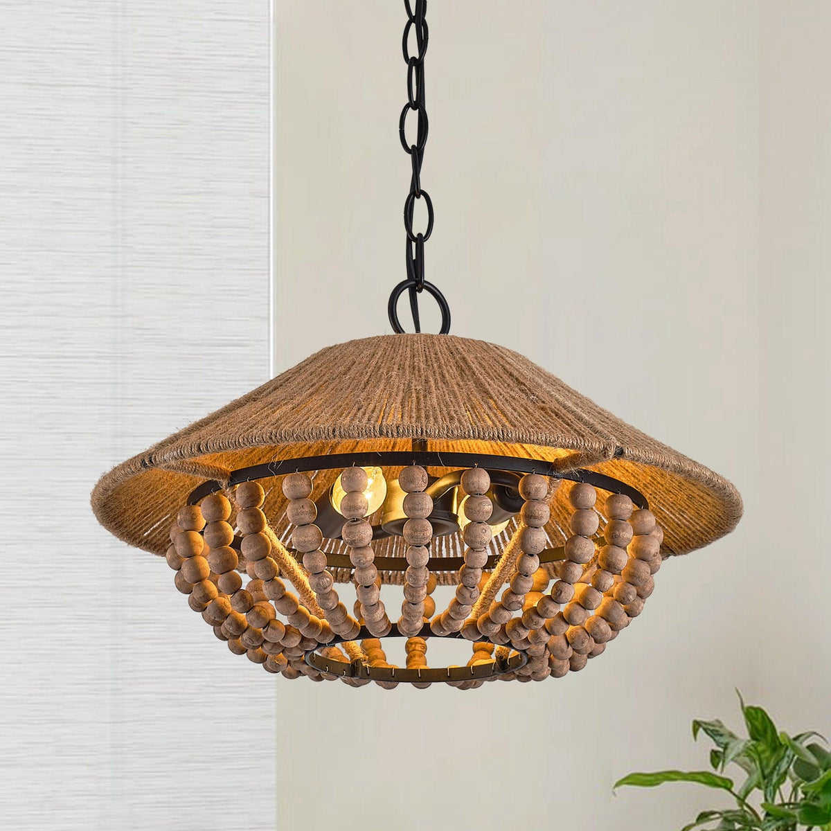 Flint Farmhouse Pendant Lamp - Wooden Beaded & Hemp Rope Bowl Pendant