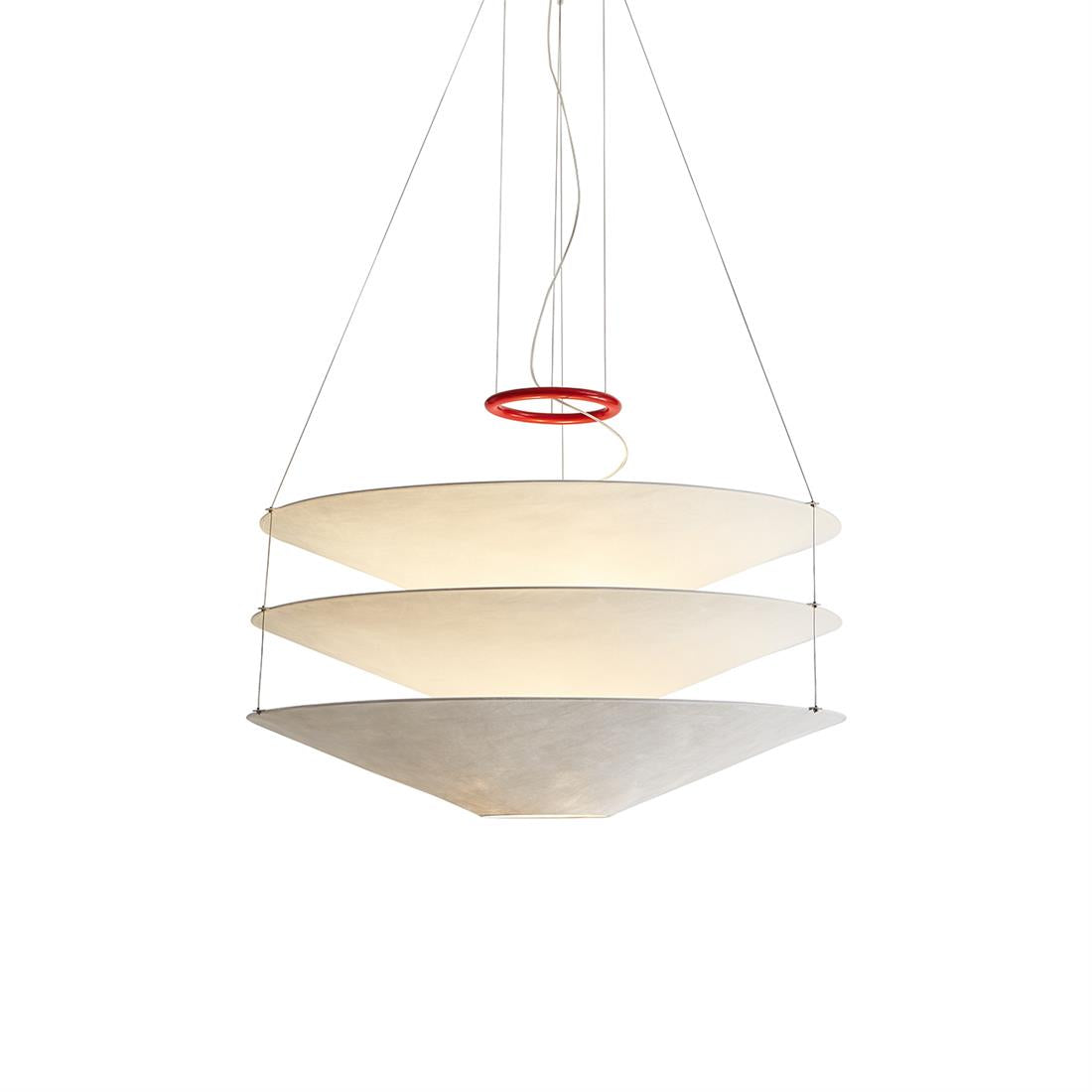 Floating Pendant Light - 1980 Vintage DuPont Paper & Red Counterweight Ring Light