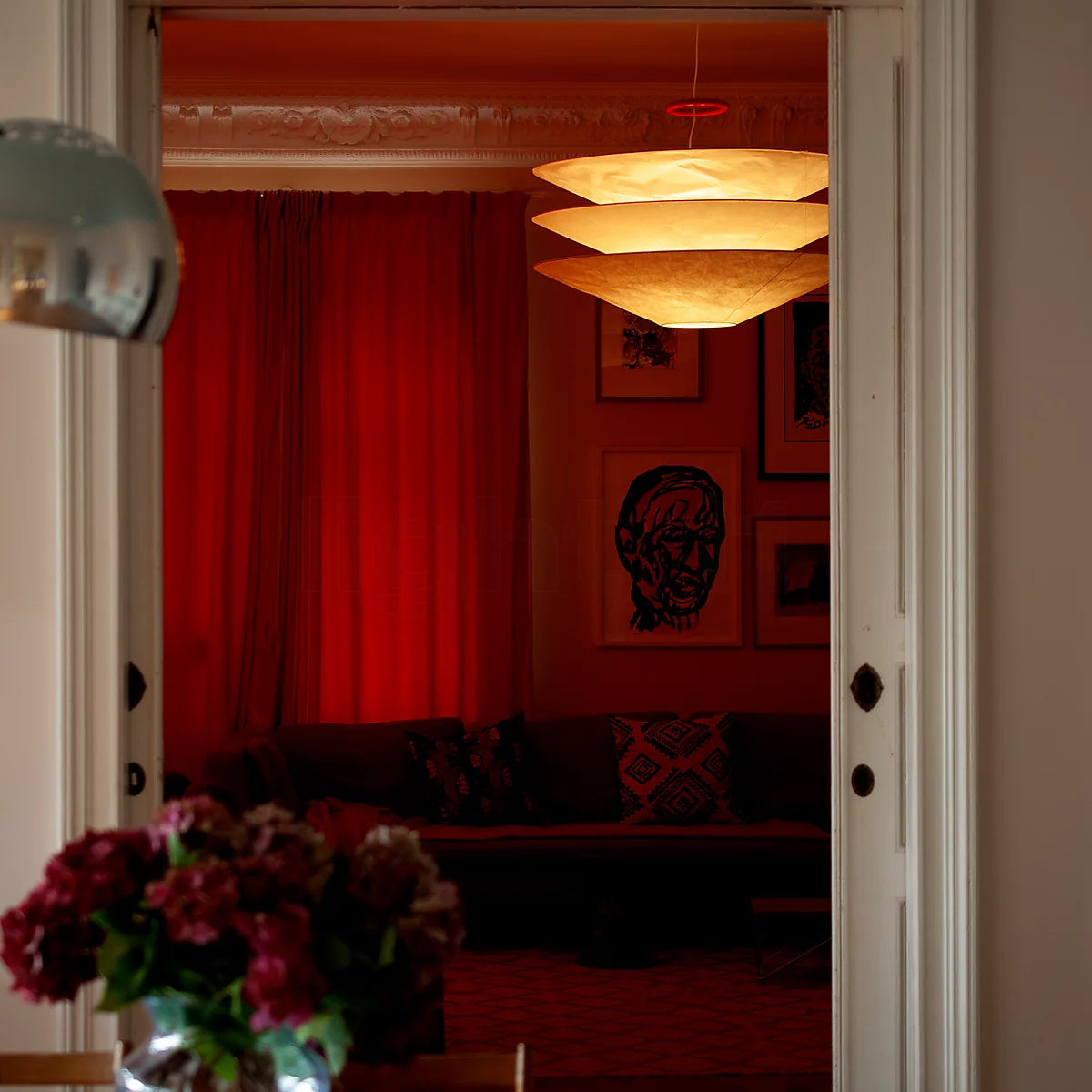 Floating Pendant Light - 1980 Vintage DuPont Paper & Red Counterweight Ring Light