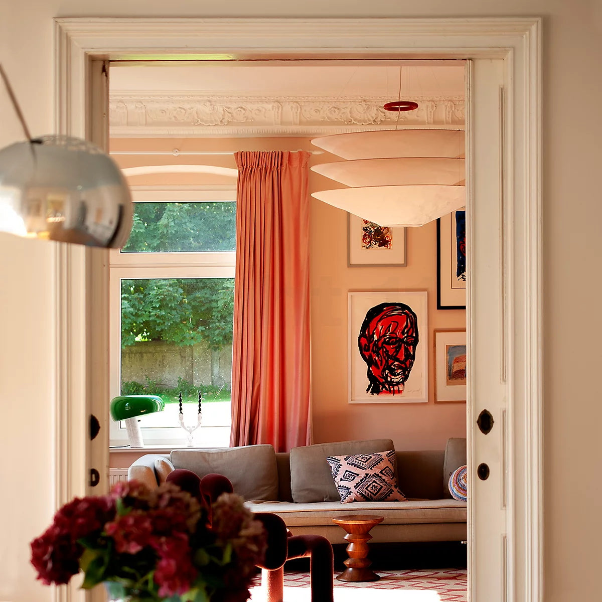 Floating Pendant Light - 1980 Vintage DuPont Paper & Red Counterweight Ring Light