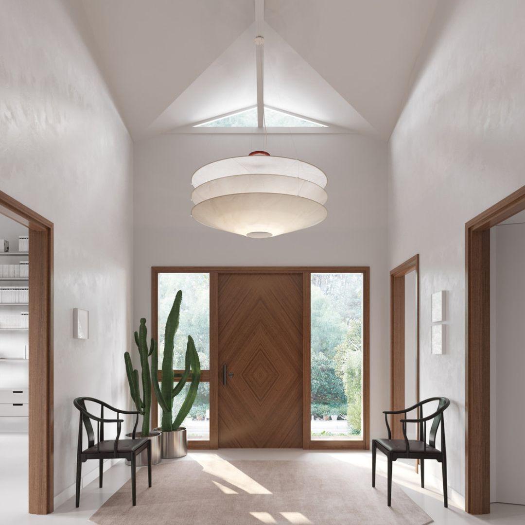 Floating Pendant Light - 1980 Vintage DuPont Paper & Red Counterweight Ring Light