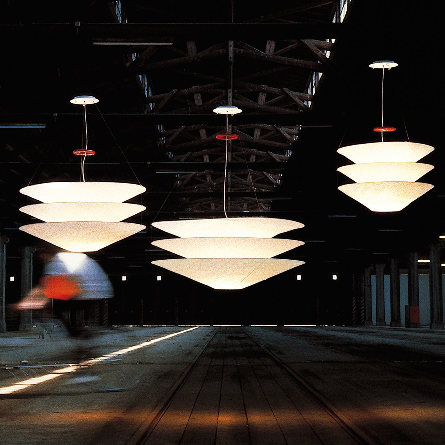 Floating Pendant Light - 1980 Vintage DuPont Paper & Red Counterweight Ring Light