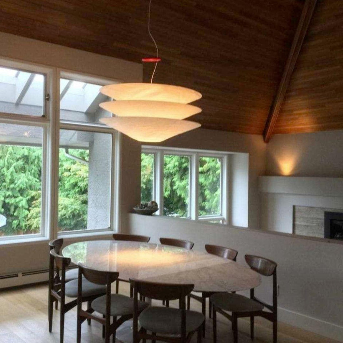 Floating Pendant Light - 1980 Vintage DuPont Paper & Red Counterweight Ring Light