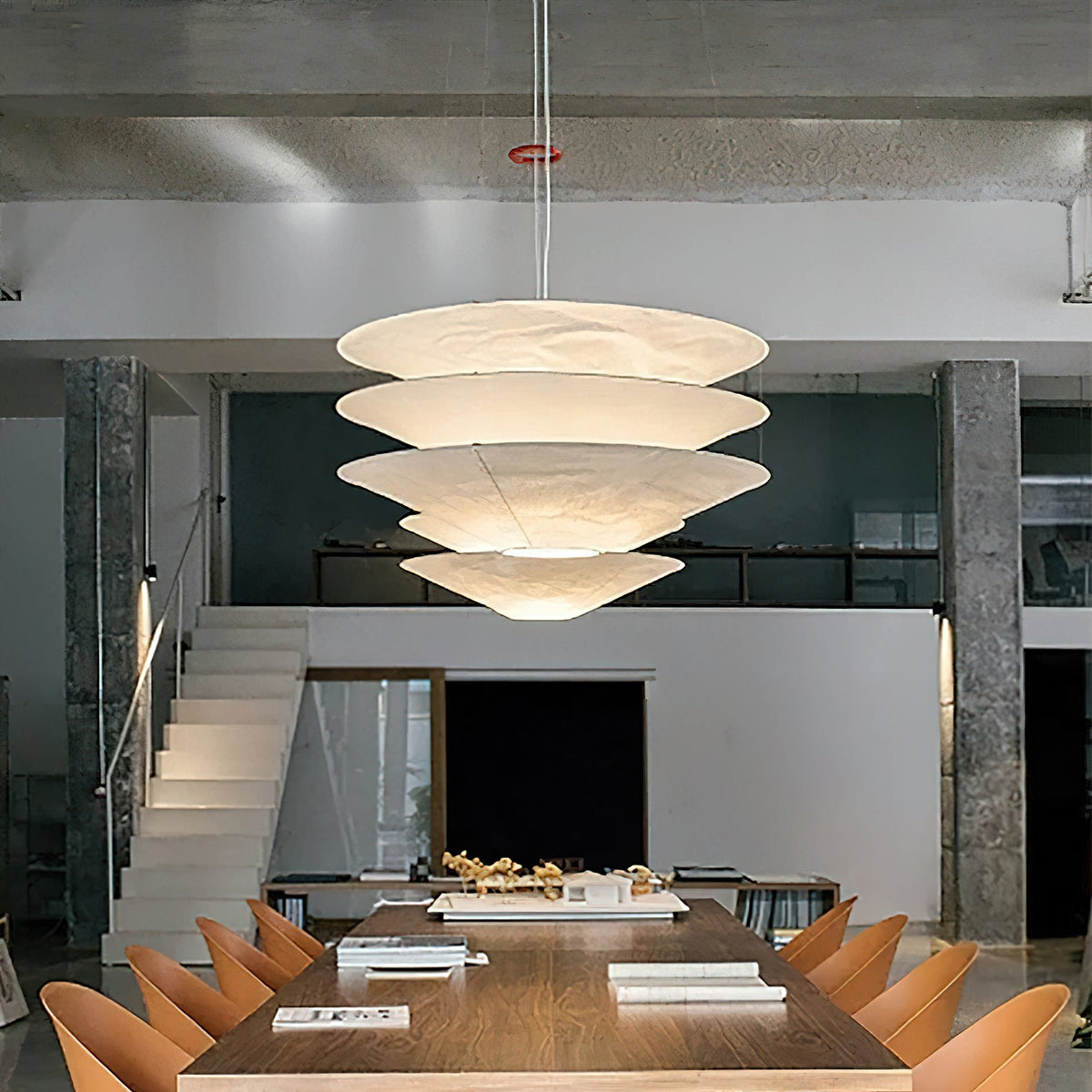 Floating Pendant Light - 1980 Vintage DuPont Paper & Red Counterweight Ring Light