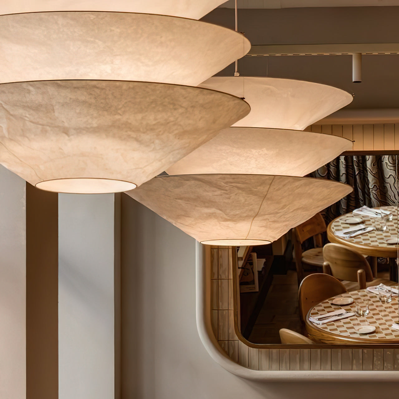 Floating Pendant Light - 1980 Vintage DuPont Paper & Red Counterweight Ring Light