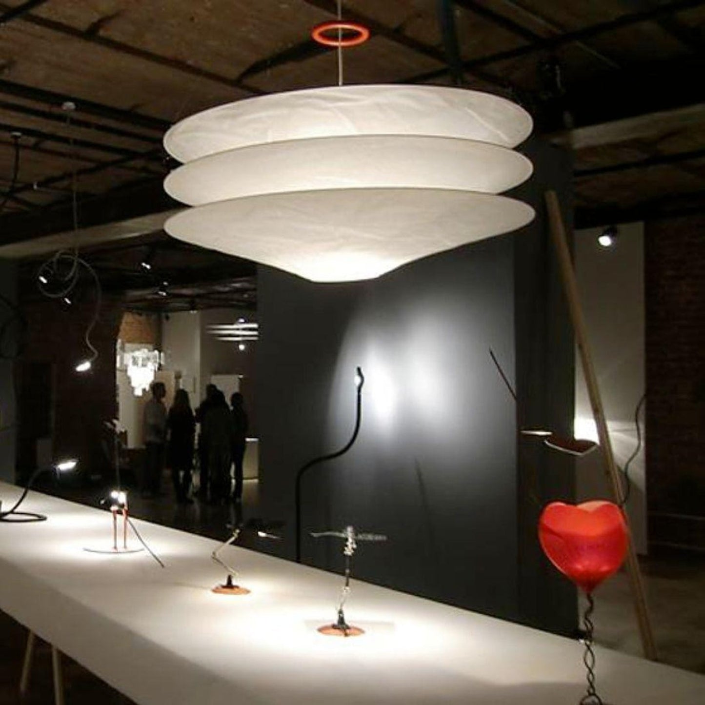 Floating Pendant Light - 1980 Vintage DuPont Paper & Red Counterweight Ring Light