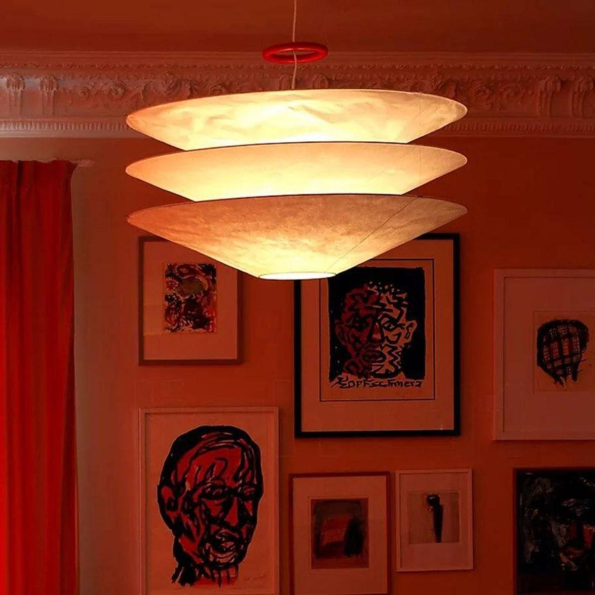 Floating Pendant Light - 1980 Vintage DuPont Paper & Red Counterweight Ring Light