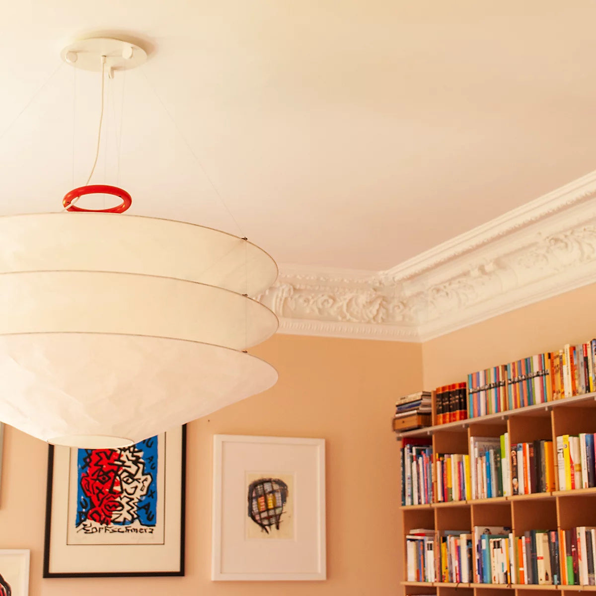 Floating Pendant Light - 1980 Vintage DuPont Paper & Red Counterweight Ring Light