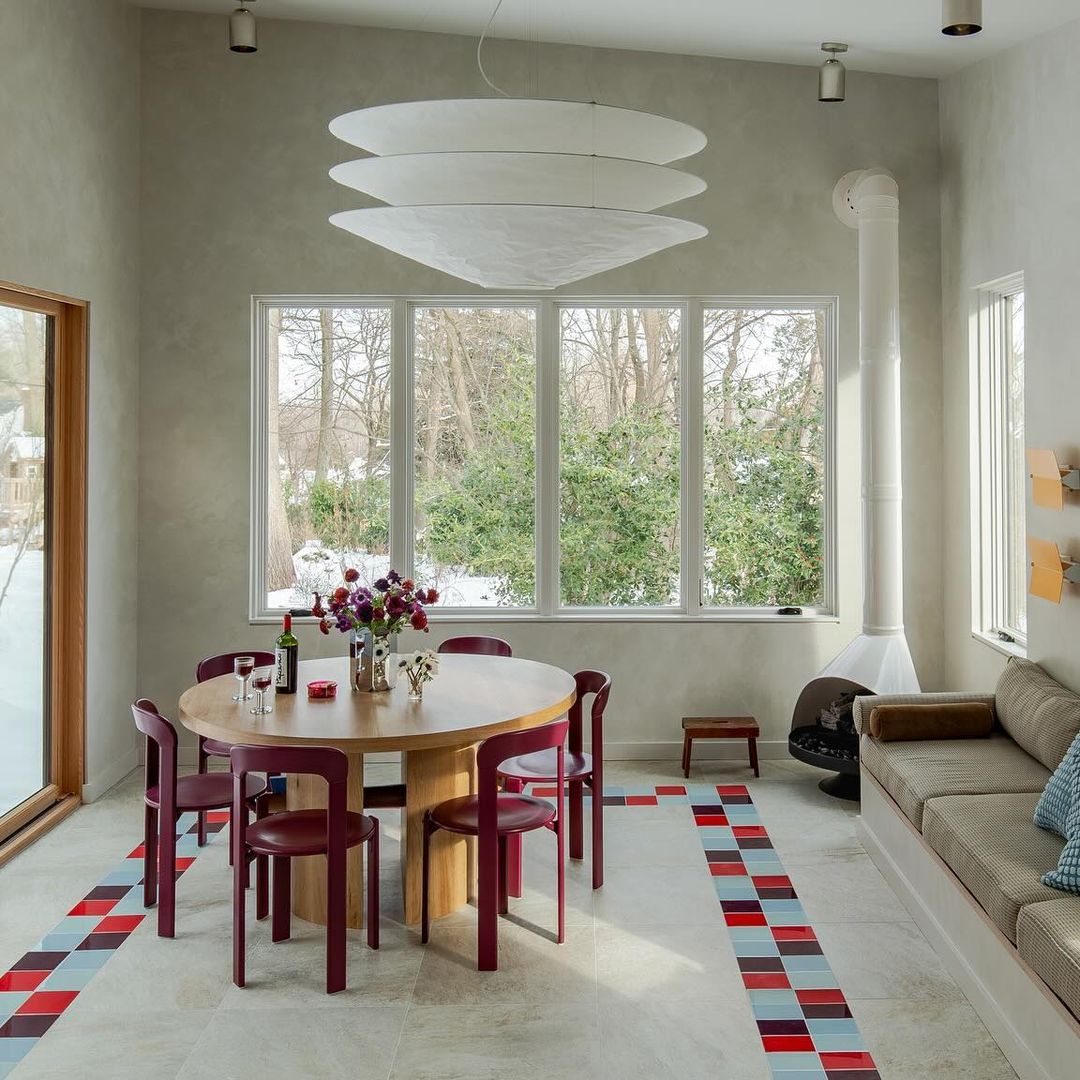 Floating Pendant Light - 1980 Vintage DuPont Paper & Red Counterweight Ring Light