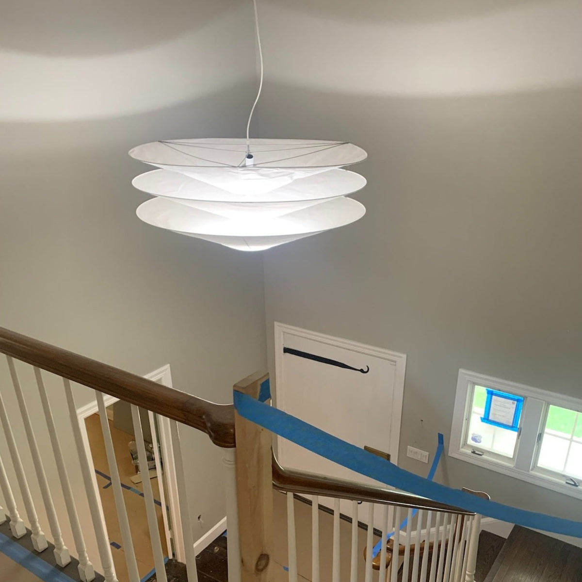 Floating Pendant Light - 1980 Vintage DuPont Paper & Red Counterweight Ring Light