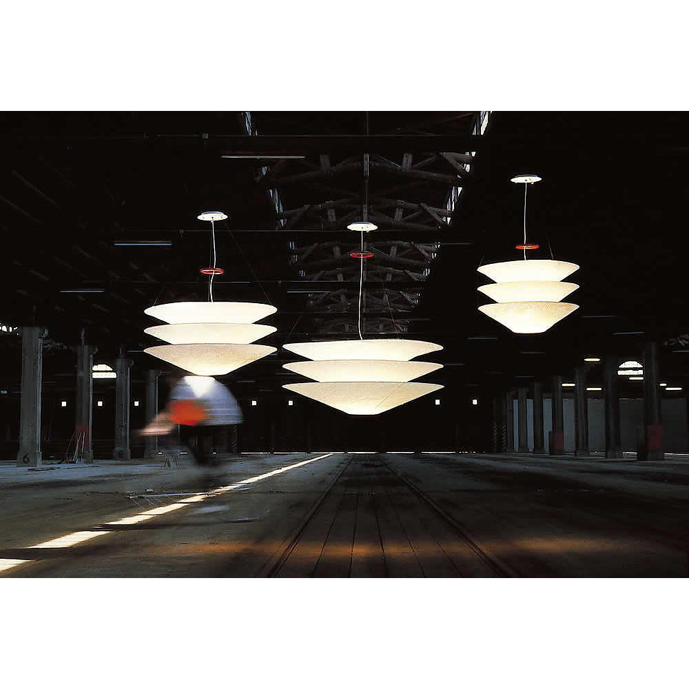 Floating Pendant Light - 1980 Vintage DuPont Paper & Red Counterweight Ring Light
