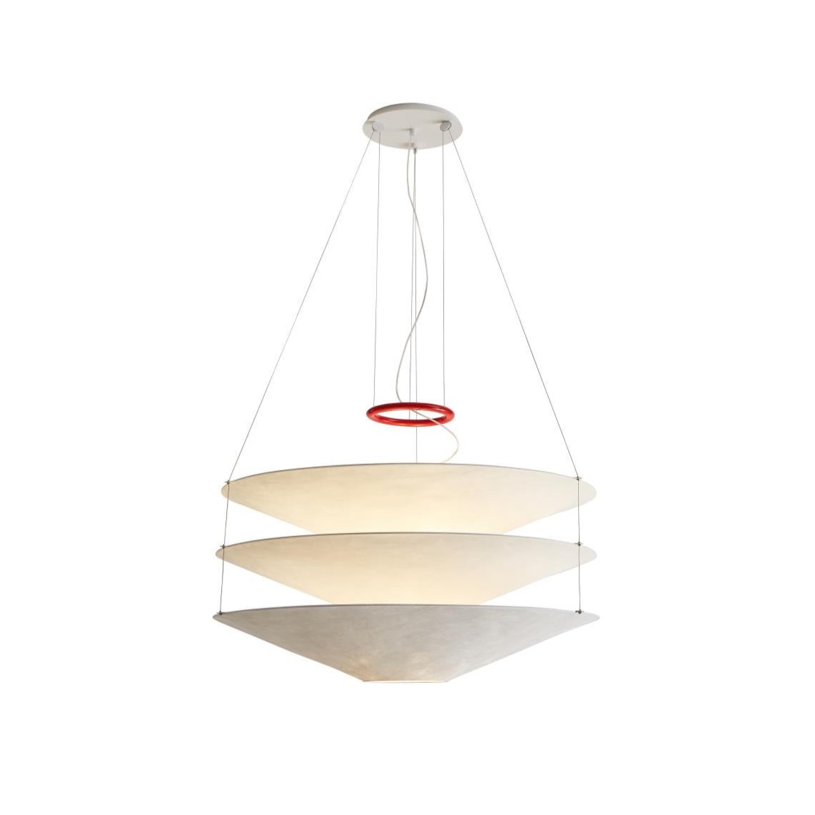 Floating Pendant Light - 1980 Vintage DuPont Paper & Red Counterweight Ring Light