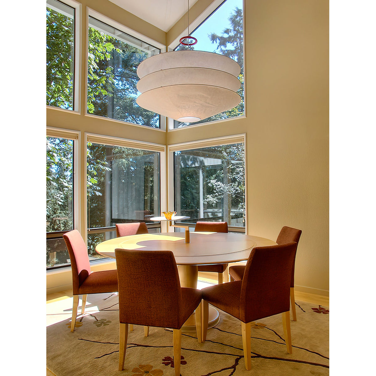 Floating Pendant Light - 1980 Vintage DuPont Paper & Red Counterweight Ring Light
