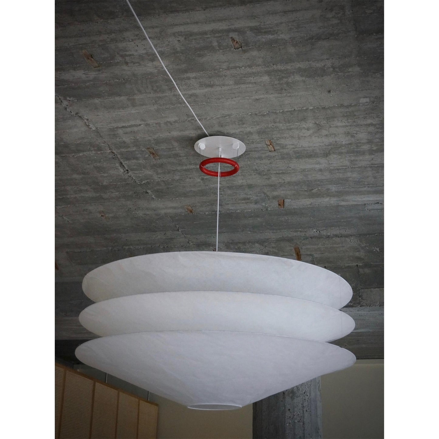 Floating Pendant Light - 1980 Vintage DuPont Paper & Red Counterweight Ring Light