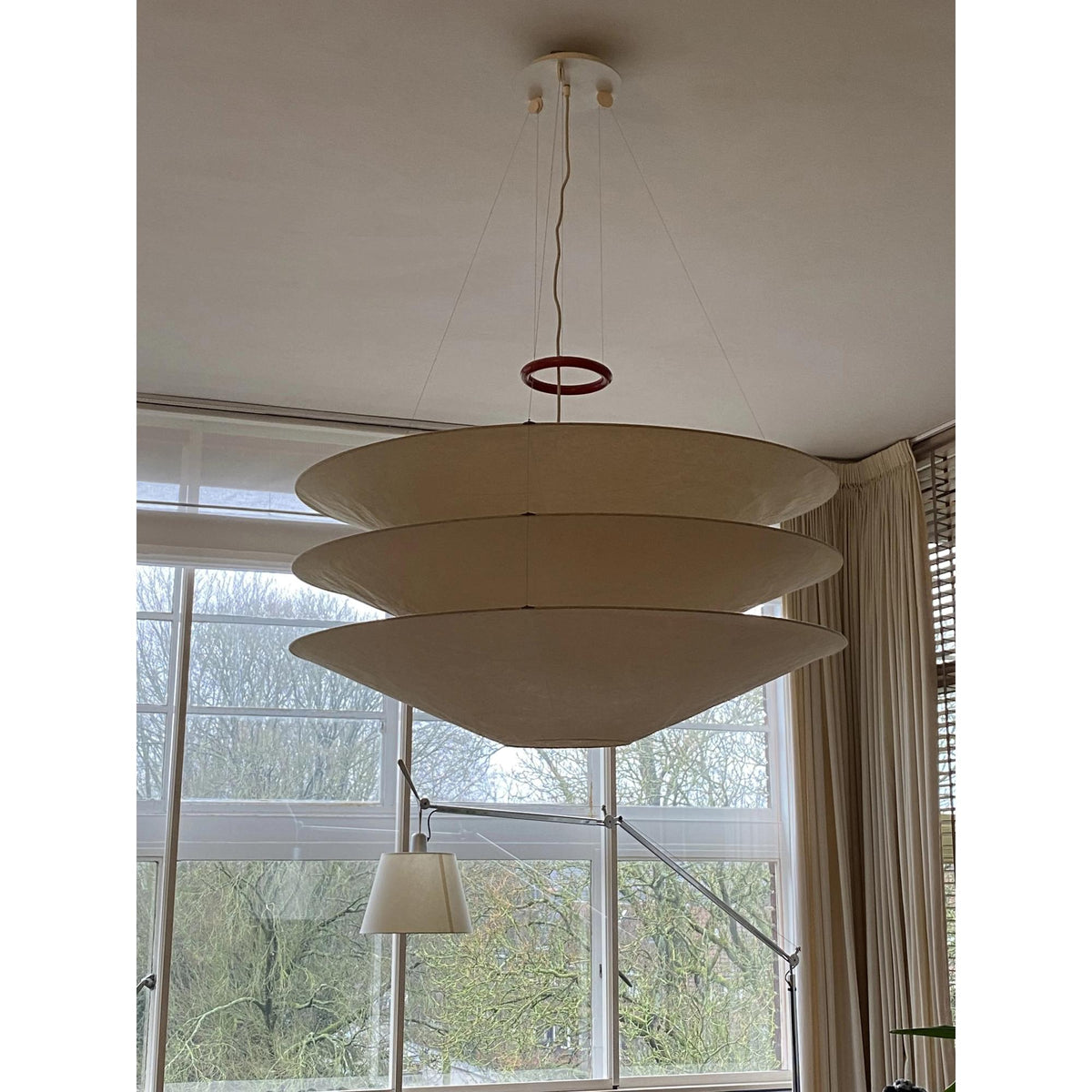 Floating Pendant Light - 1980 Vintage DuPont Paper & Red Counterweight Ring Light