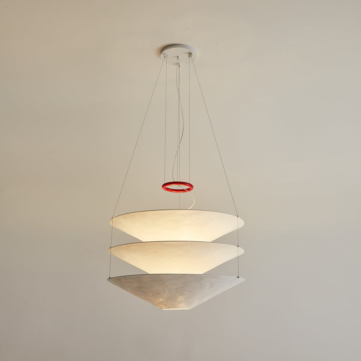 Floating Pendant Light - 1980 Vintage DuPont Paper & Red Counterweight Ring Light