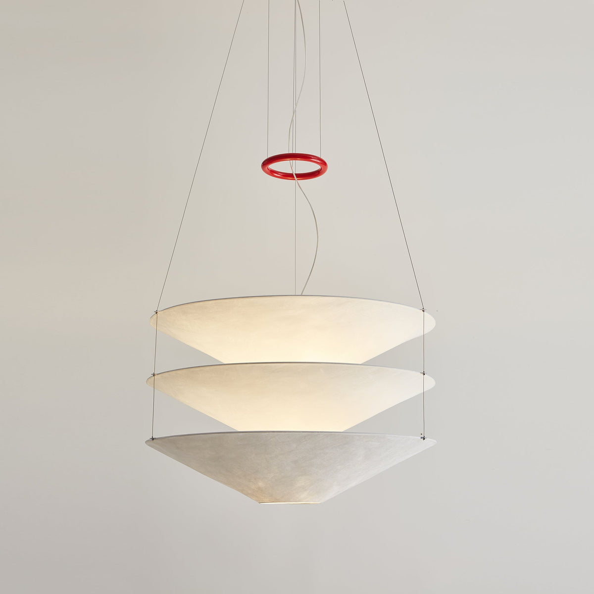 Floating Pendant Light - 1980 Vintage DuPont Paper & Red Counterweight Ring Light