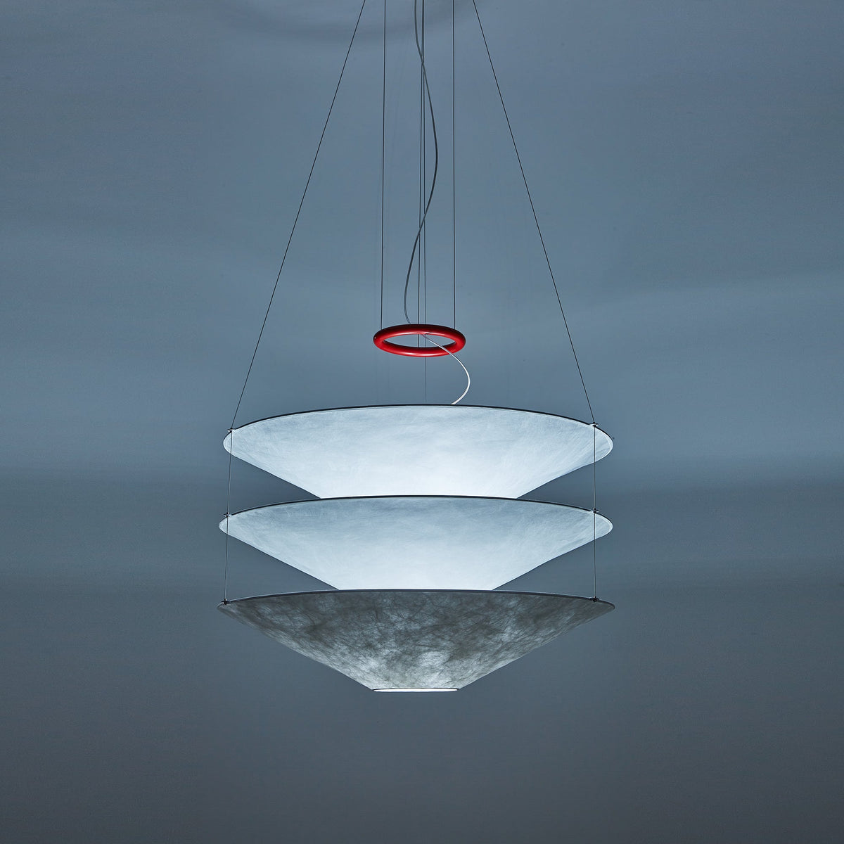 Floating Pendant Light - 1980 Vintage DuPont Paper & Red Counterweight Ring Light