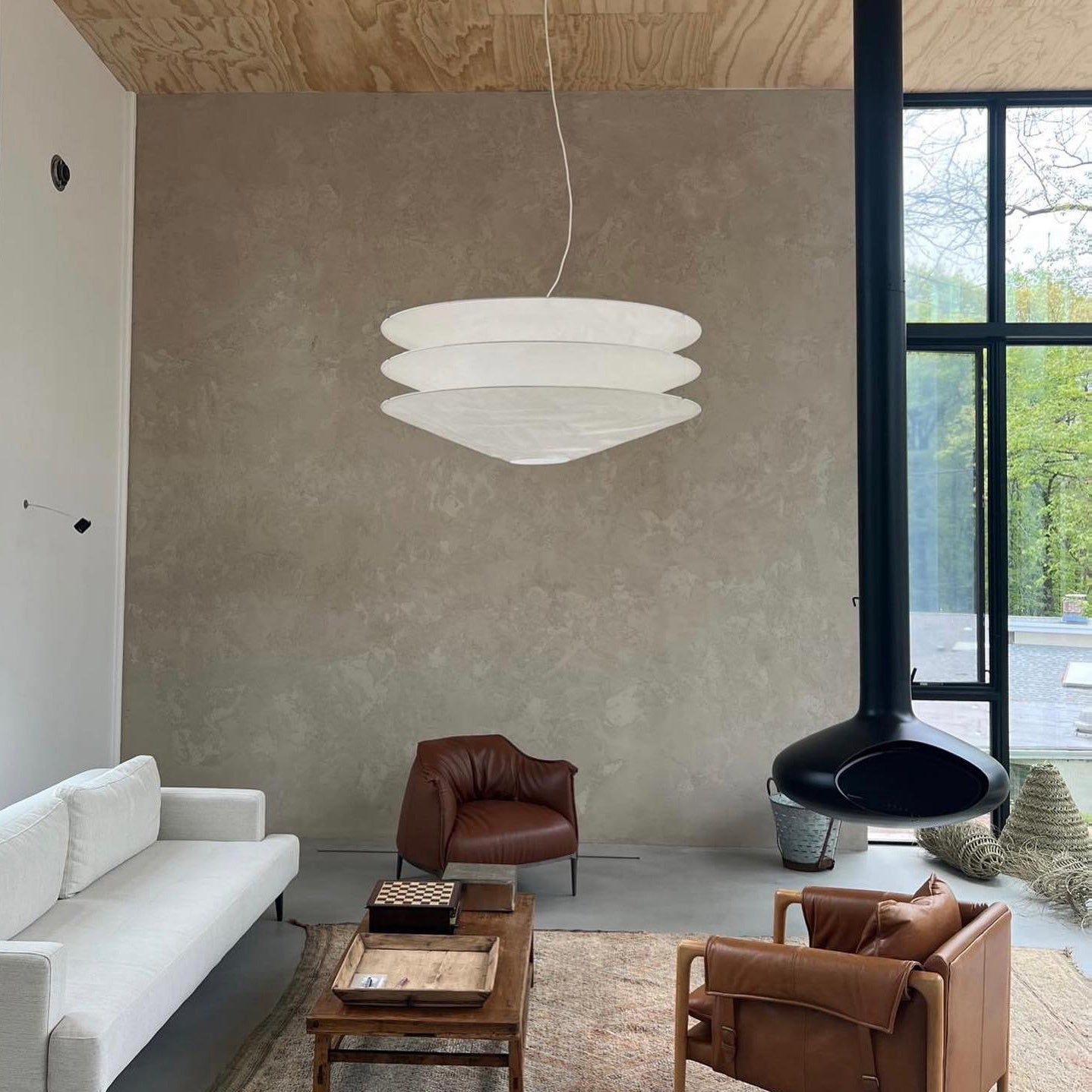 Floating Pendant Light - 1980 Vintage DuPont Paper & Red Counterweight Ring Light